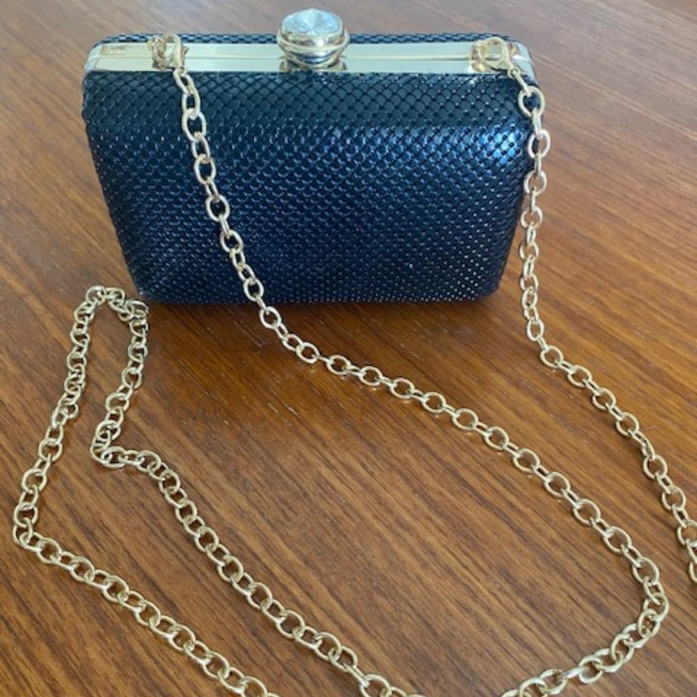 Sondra Roberts Beaded Black Mesh/Gold Box Clutch Evening Bag - Detachable Chain